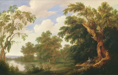 St. Paul besucht St. Antonius in einer bewaldeten Landschaft, 17. Jahrhundert
